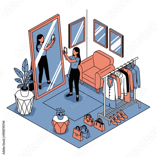 Woman taking selfie in stylish modern living room with clothing and accessories.