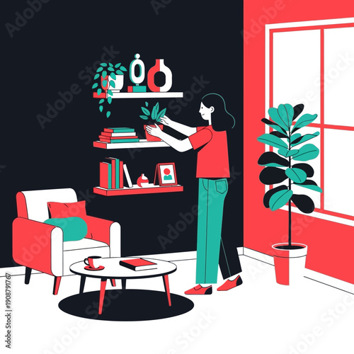 Woman decorating living room with plants and books on shelves.