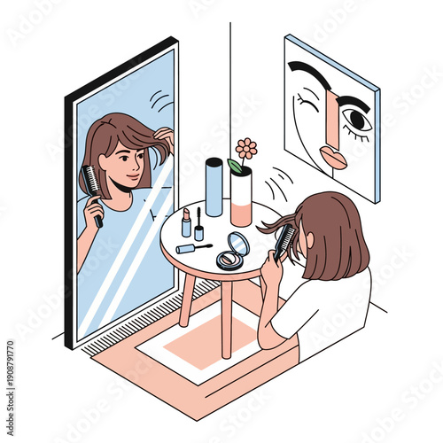 Woman applying makeup in front of a mirror with beauty products on a table.