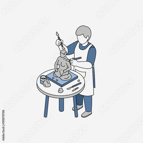 A person sculpting a clay figure on a round table with various tools.