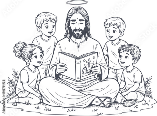 hand drawn illustration of jesus reading a bible to a group of children featuring black fill style with no white fills for easy transparency integration
