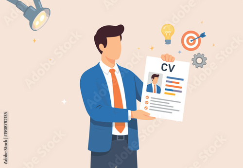 Stand out resume or CV, creativity way to present business profile to apply for new job concept, young smart businessman holding his resume or CV printed paper present working profile for hiring.