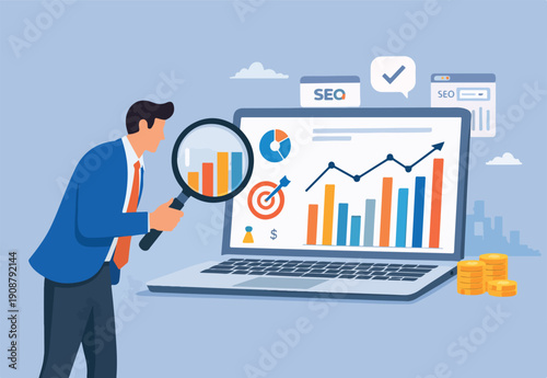  Market research data analysis, analyze business data or financial report, SEO analytics or profit and earning concept, businessman analyst with magnifying glass analyze data on computer laptop
