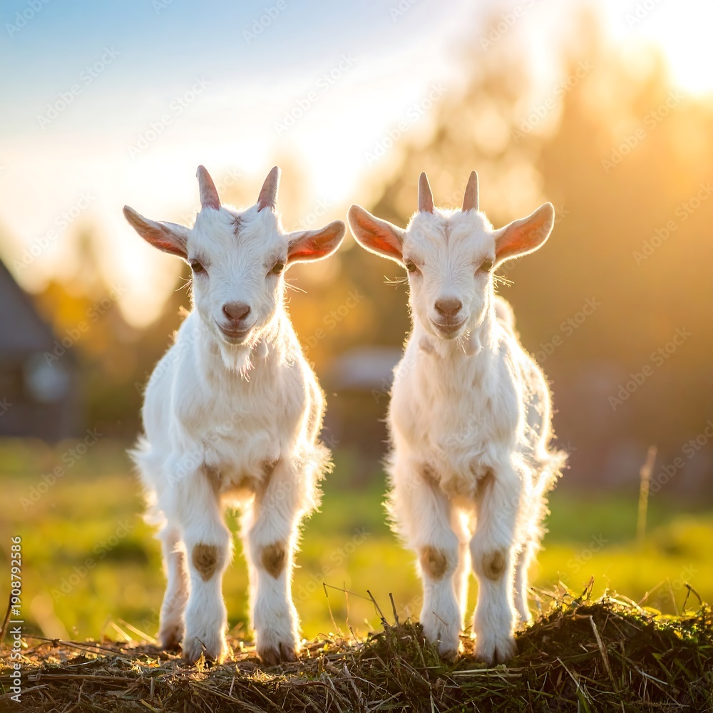 Fototapeta premium Two white goats standing on a grassy area with warm sunlight
