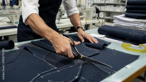 Tailor expertly cuts navy gabardine fabric for boys school blazers focusing on precision and durability in a professional garment workshop setting.