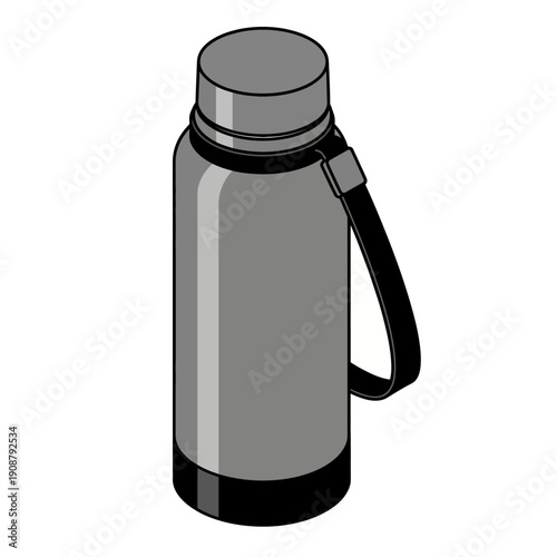 Gray metal insulated thermos bottle with black handle and base.