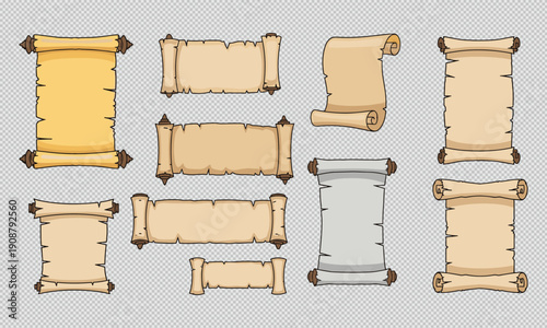 A collection of various parchment scrolls some rolled and some unrolled displayed against a no background