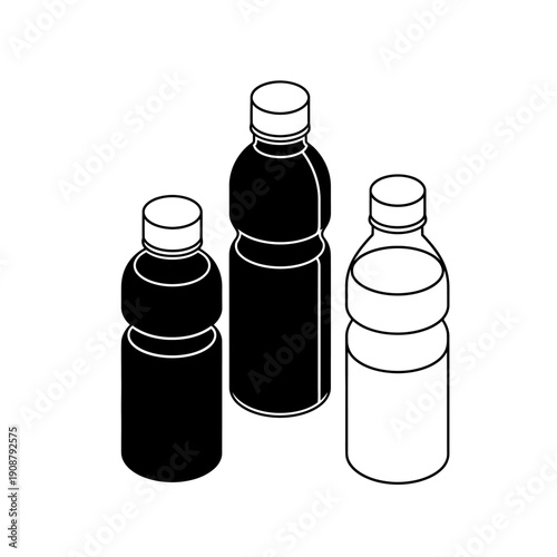 Three plastic bottles with different liquid levels and shading.