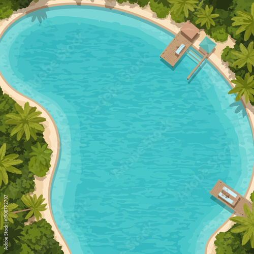 Aerial view of a tropical swimming pool with palm trees and lounge chairs.