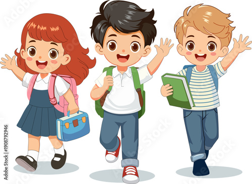Happy School Children Walking Together Cartoon Illustration