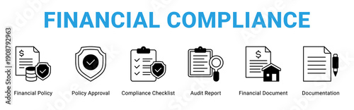 Financial Compliance web banner icon concept,  with Financial Policy, Policy Approval, Compliance Checklist, Audit Report, Financial Documen.