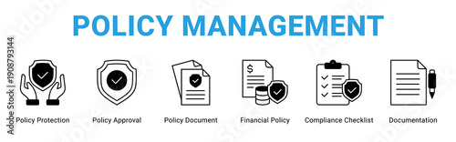 Policy Management web banner icon concept,  with Policy Protection, Policy Approval, Policy Document, Financial Policy, Compliance Checklist, Documen.