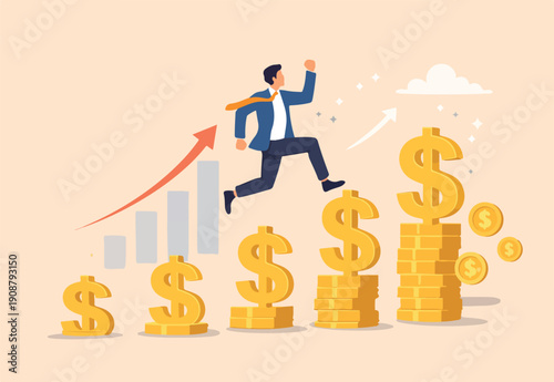 Growth earning investment, increasing income and bonus in career or success in financial business concept, businessman professional manager walking and jumping growth golden dollar signs.