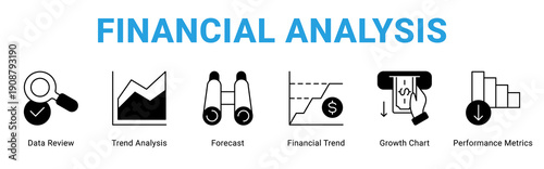 Financial Analysis web banner icon concept,  with Data Review, Trend Analysis, Forecast, Financial Trend, Growth Chart, Perform.