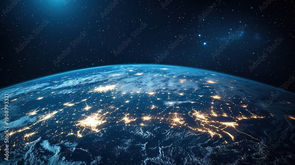 Obraz premium Space view of blue glowing Earth with city lights in central Europe, black starry night sky background, dusk close-up wide-angle depth of field cinematic space art installation