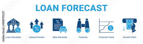 Loan Forecast web banner icon concept,  with Loan Calculator, Interest Growth, Rate Decrease, Forecast, Financial Trend, Growth Chart.