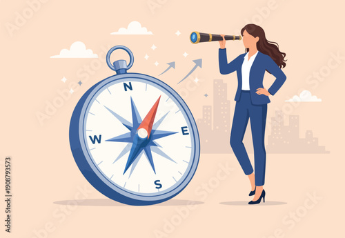 Female leadership, woman vision to lead direction, gender equality to embrace woman in business management concept, smart businesswoman standing with big compass look through spyglass telescope.