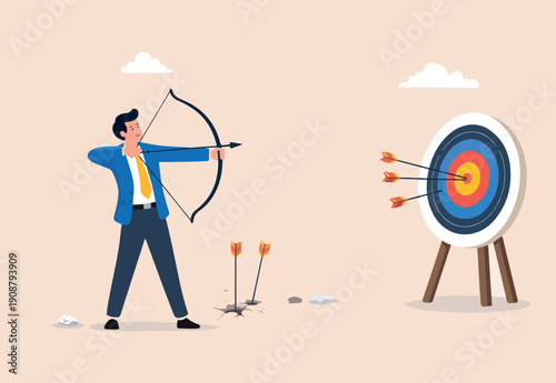 : Practice develop success, effort to improve and achieve target, mistake, failure discipline to keep practice and reach goal concept, businessman practicing archery with mistakes until success.