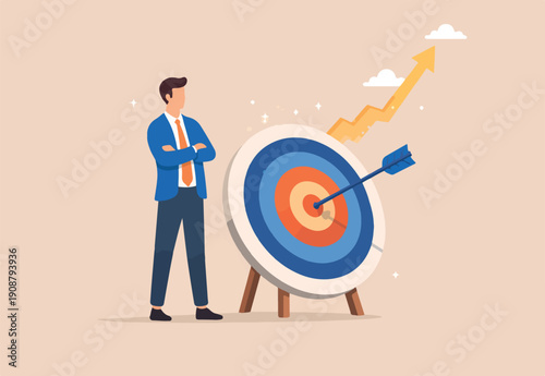  Business objective, purpose or target, goal and resolution to aim for success, aspiration and motivation to achieve goal concept, confident businessman stand with arrow hit bullseye archery target.