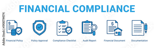 Financial Compliance web banner icon concept,  with Financial Policy, Policy Approval, Compliance Checklist, Audit Report, Financial Documen.