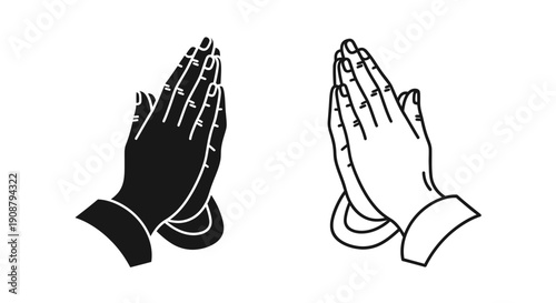 Praying hands vector icon set, black and white outline and filled silhouette, isolated on white