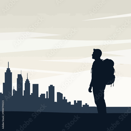 Backpacker silhouette facing city skyline, urban exploration, travel concept