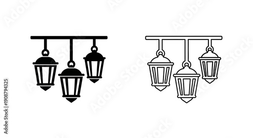 Hanging triple lantern icon set, black solid and outline vector illustration, isolated on white
