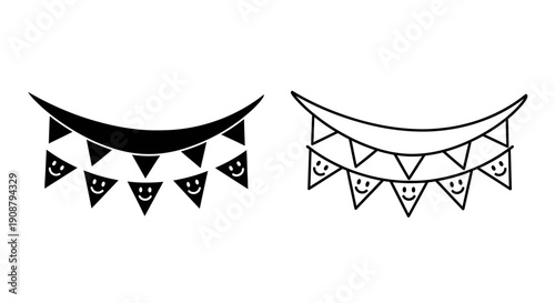 Black and white vector party bunting flags with happy face icons, outline and solid versions, isolated on white