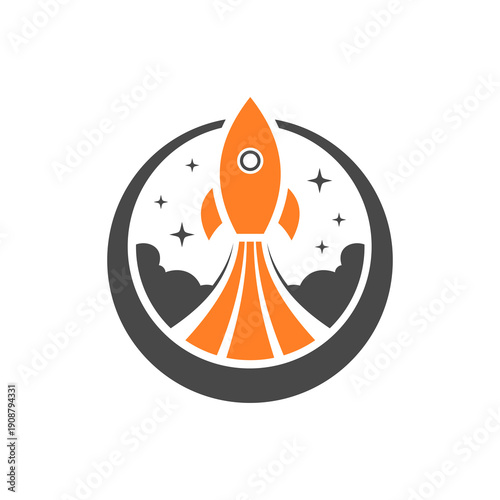 Orange Rocket Ship Launching into Space.