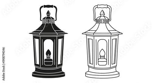 Vintage black silhouette and outline vector oil lamp lantern with handle, isolated on white