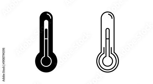 Black vector thermometer icon set, solid and outline styles, temperature measurement symbol isolated on white