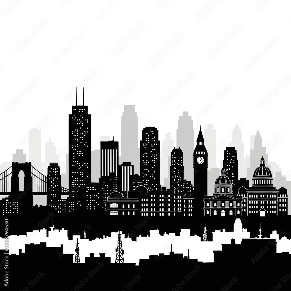 Fototapeta premium Cityscape silhouette with iconic landmarks