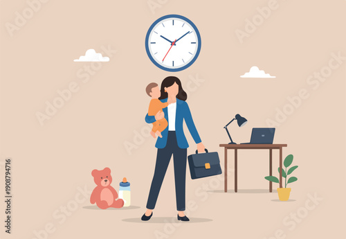 : Working mom or mother work life balance, parenting employee or family responsibility concept, busy businesswoman with baby in one hand at home and working briefcase in other hand with time clock