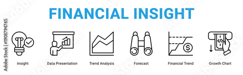 Financial Insight web banner icon concept,  with Insight, Data Presentation, Trend Analysis, Forecast, Financial Trend, Growth Chart.