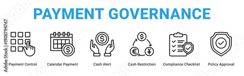 Payment Governance web banner icon concept,  with Payment Control, Calendar Payment, Cash Alert, Cash Restriction, Compliance Checklist, Policy.