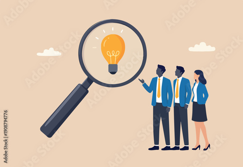 Business insights intelligence information for competitive advantage and win competition, discover business solution concept, business people team looking at lightbulb floating from magnifying glass