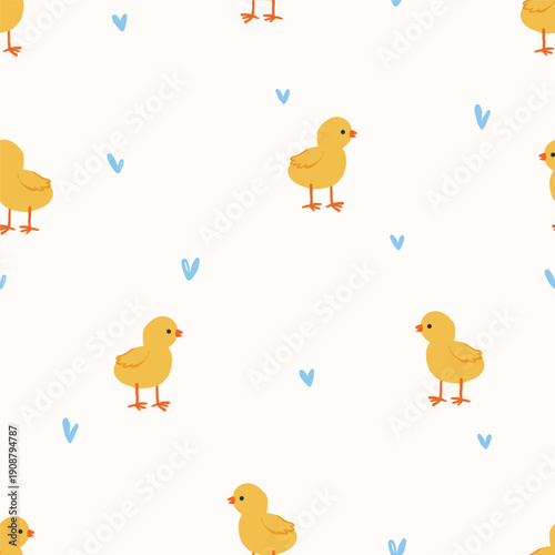 Seamless pattern with cute hand-drawn yellow chicks and small blue hearts on a cream background. Adorable nursery design for baby textiles, kids fashion, and wallpaper. High-quality vector