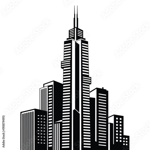 A black and white illustration of a modern city skyline with skyscrapers