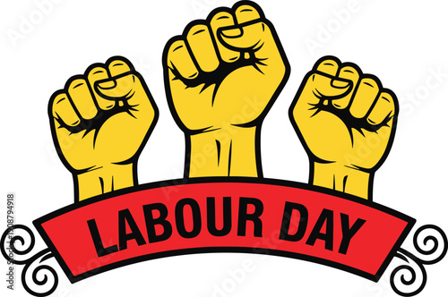 Labour Day illustration with raised fists and red banner, worker solidarity symbol, protest style vector graphic isolated on white background for celebration, activism