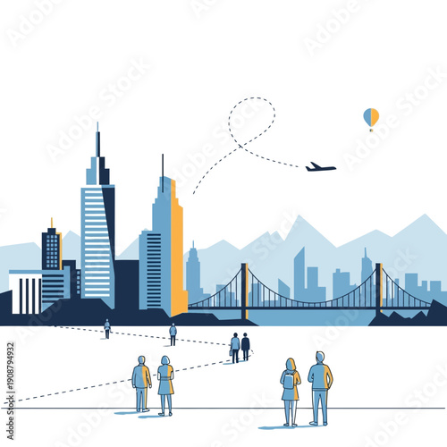 Modern cityscape illustration with people, bridge, airplane and hot air balloon