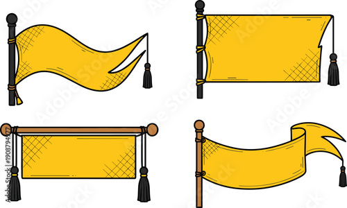 Set of four yellow decorative fabric banners and flags with poles, tassels and ribbons, vector illustration isolated on white background for design use