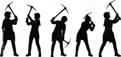 Silhouettes of miners working with pickaxes in powerful poses, labor and industry concept, female workers collection, mining workforce illustration isolated on white background