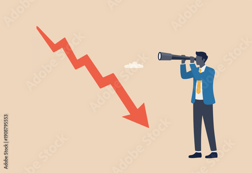 : Economic forecast downturn, vision to see recession, stock market crisis or financial failure, inflation going down concept, businessman look on telescope falling down red arrow graph in the future