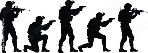 Silhouettes of armed soldiers in tactical positions, military team with rifles and pistols, special forces combat training concept, security defense illustration isolated on white background