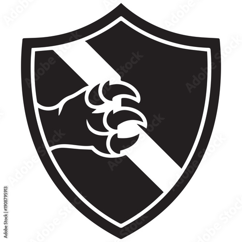 Bold shield icon with powerful fist holding sword