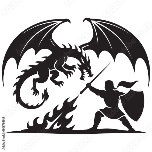 Brave warrior fighting dragon with sword and shield