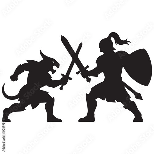 Epic battle between mythical creature and armored warrior silhouette