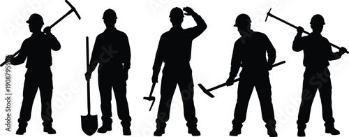 Construction worker silhouettes holding tools in various poses, industrial labor team concept illustration, safety helmet figures, workforce diversity, engineering, building, maintenance 