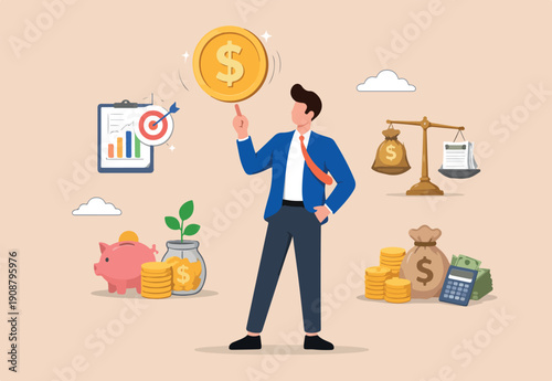 Financial plan investment strategy, decision to make profit or pay off debt, contemplation or thinking about savings and wealth concept, confident businessman spinning big money coin on his finger.