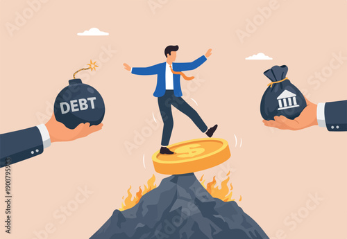  Financial and business risk, banking loan and debt risk, stability or balance of economics and investment or risk for losing concept, businessman balancing not to fail from walking on golden coin.